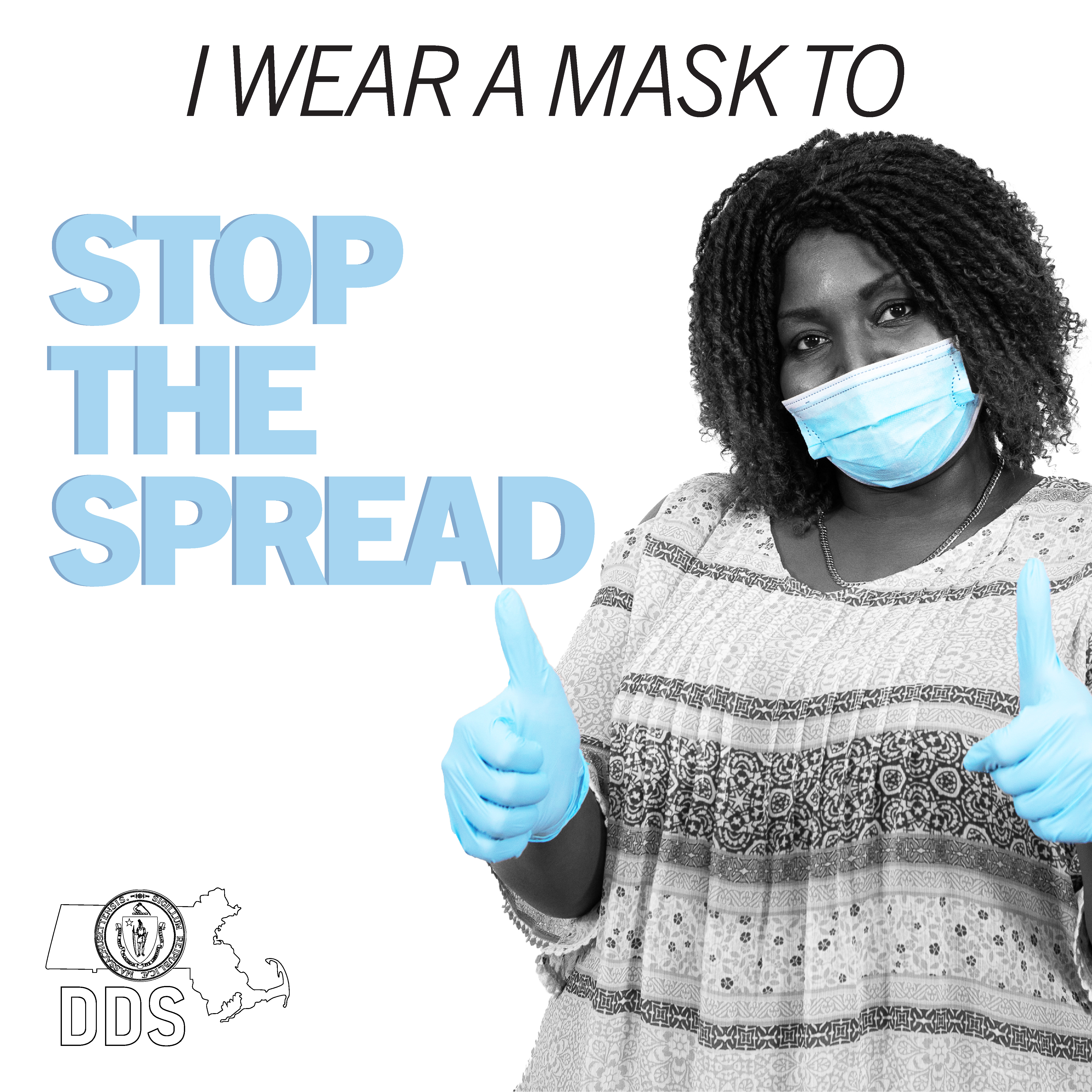 A woman is holding up two thumbs up. Beside her text reads 'I wear a mask to stop the spread'.